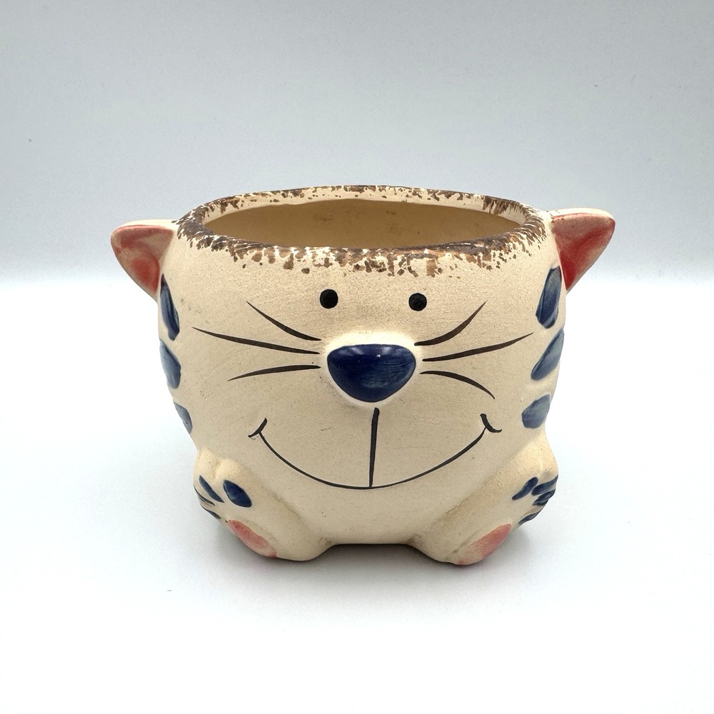 Ceramic Cat Planter Pot Cream Blue Whimsical Kitty Face Indoor Plant Decor